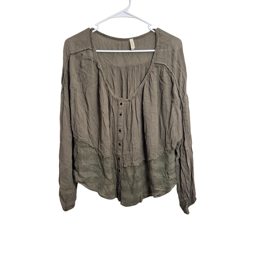 Free People Women XS Olive Green Smocked Gauze Button Front Blouse Long Sleeve